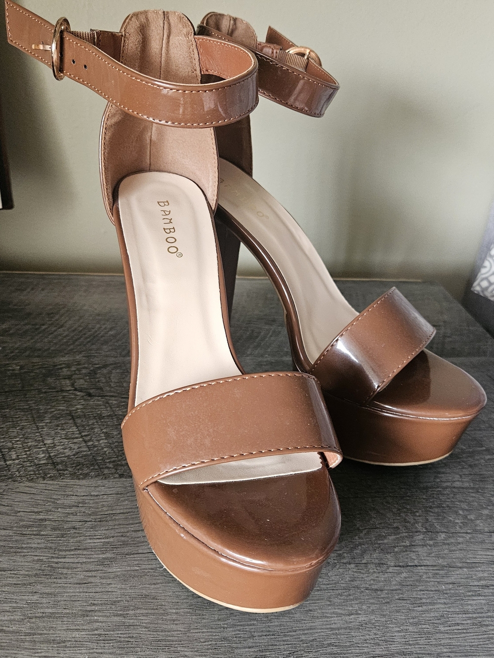 BAMBOO Brown Patent Platform Ankle-Strap Heels